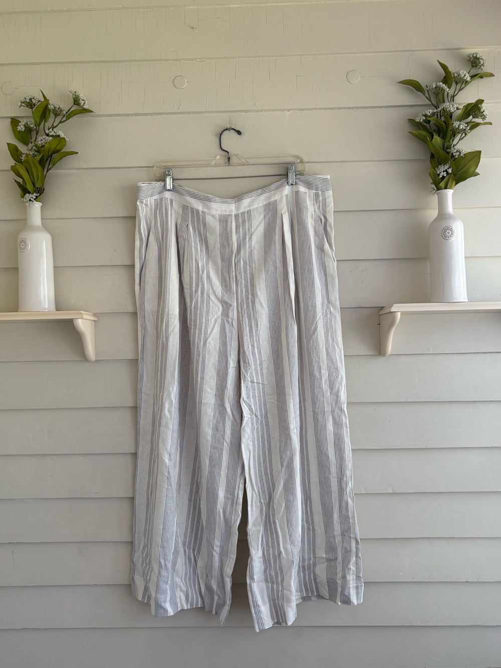 Linen Blend High Rise Cropped Wide Leg Gray and White Striped Pants Size 18 NWT